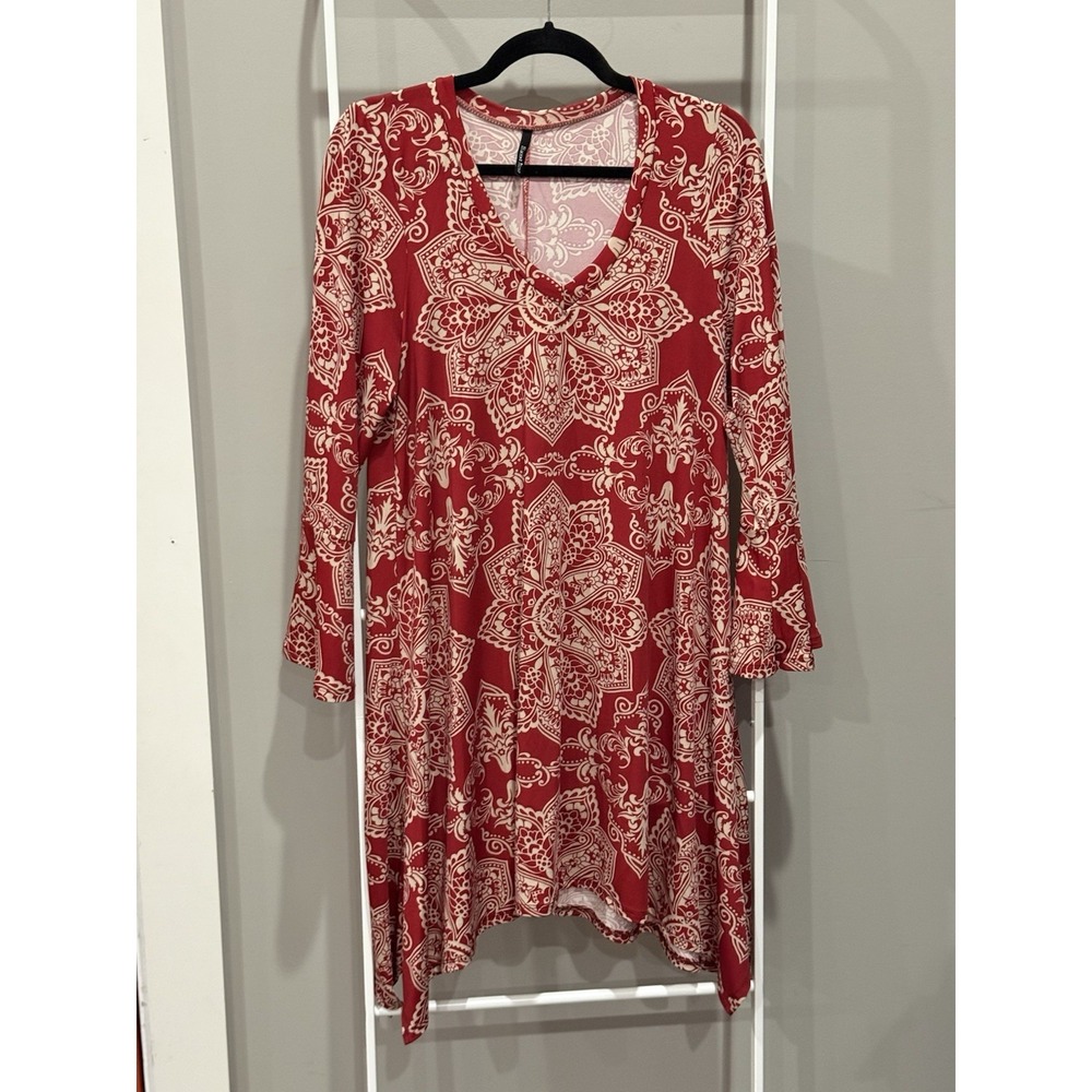 Mandala Print Bell Sleeve Dress Asymmetrical Bohemian Peasant Style Retro